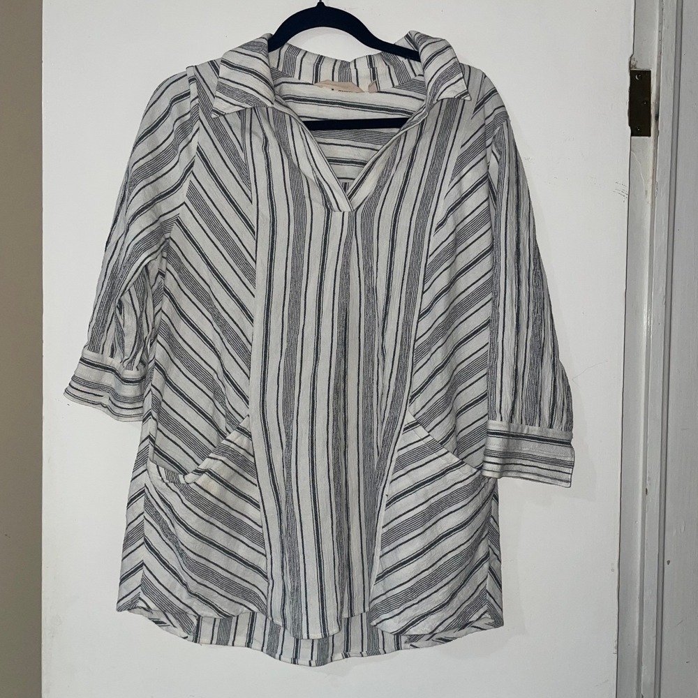 Soft Surroundings Black and White Striped Pocket Tunic Shirt PL